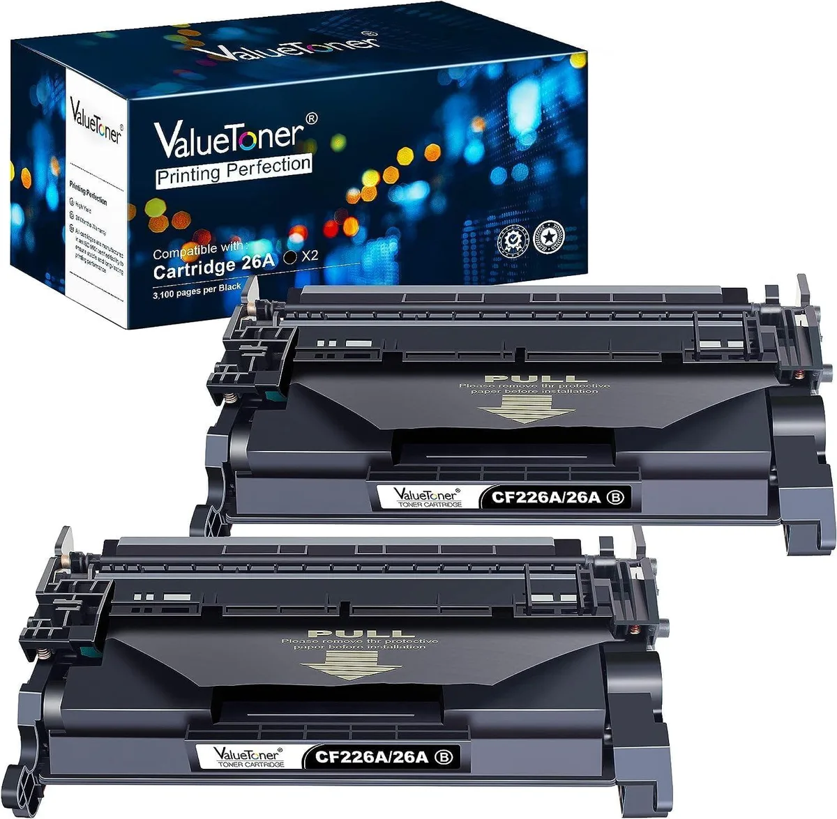 Two black toner cartridges in sealed packaging