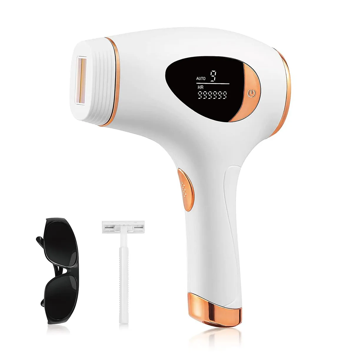 White handheld IPL hair removal device with treatment window and control buttons