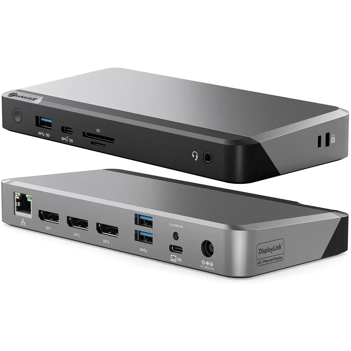 Space grey and black rectangular docking station with multiple ports on front and back