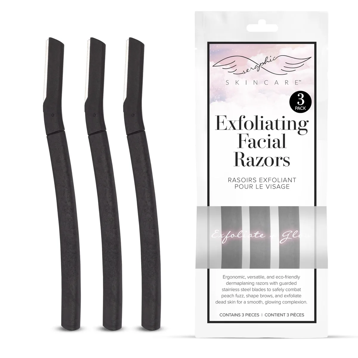 Three black dermaplaning razors with wheat straw handles and protective caps
