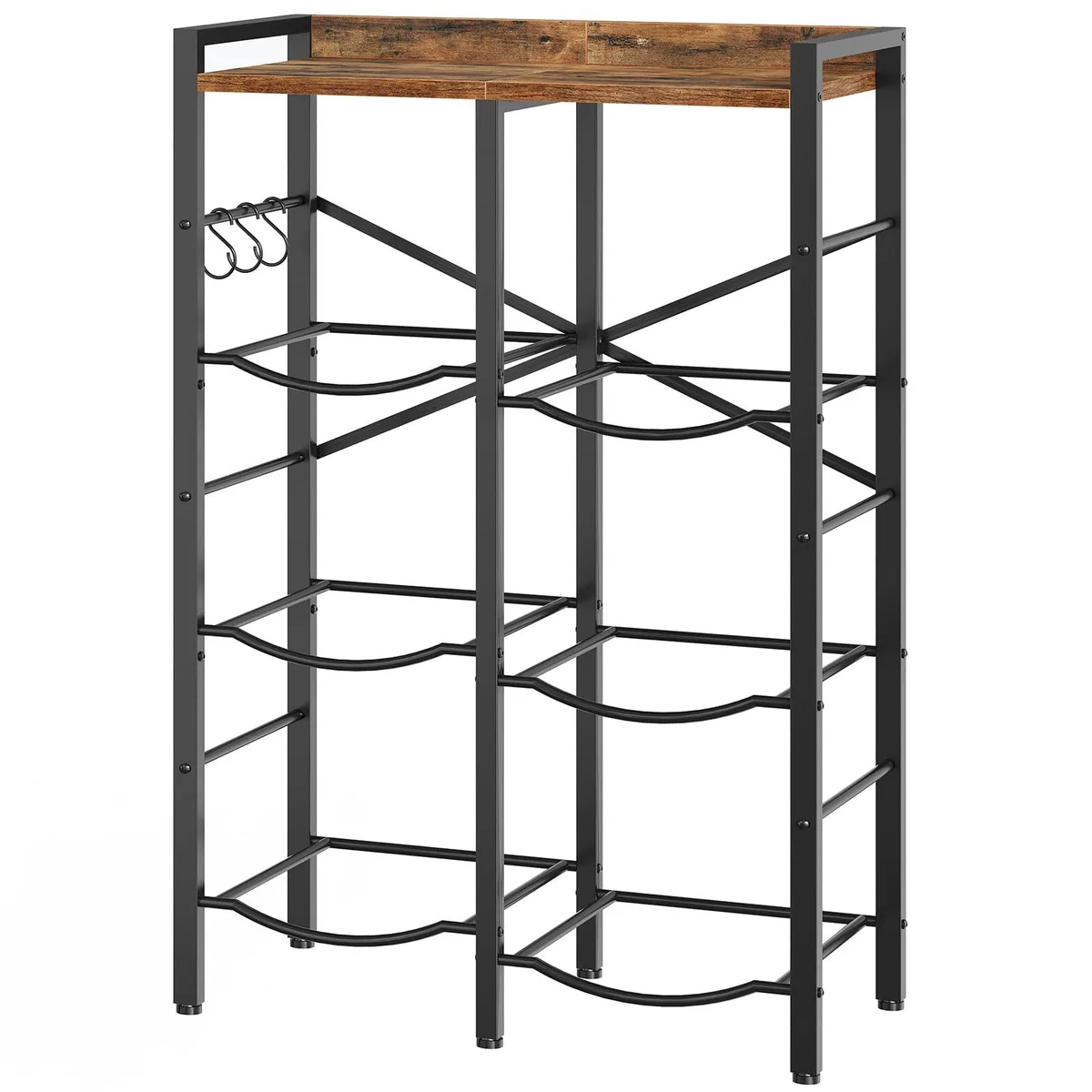 Three-tier metal and particleboard water bottle rack in rustic brown and black, holds six five-gallon jugs