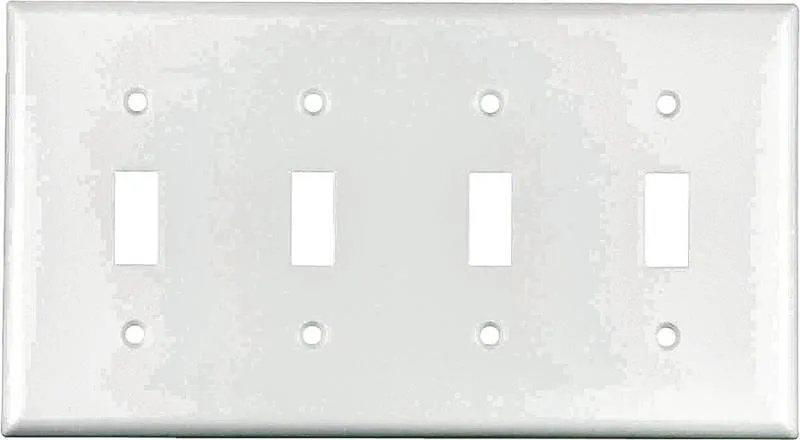 White four-gang toggle switch wall plate, standard size, thermoset plastic