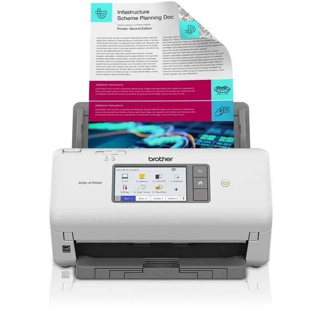 Rectangular white desktop document scanner with 4.3 inch touchscreen and paper feed tray