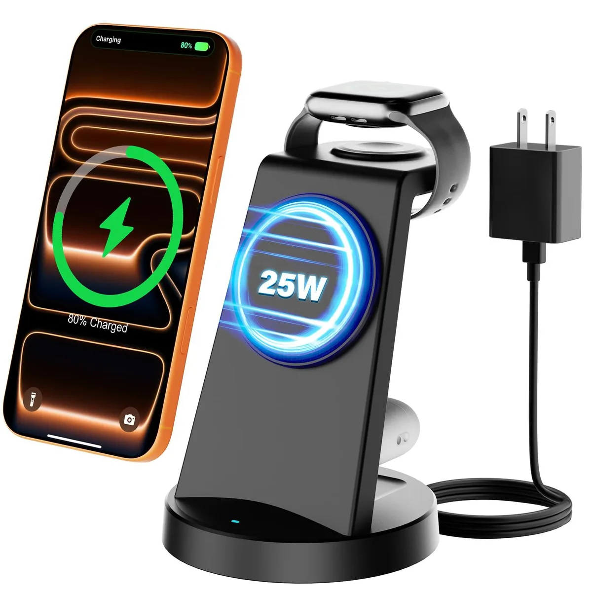 A vertical white charging stand with magnetic iPhone cradle, Apple Watch puck, and AirPods base