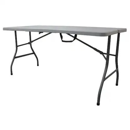 Gray rectangular folding table 30 by 61 inches blow molded polyethylene top steel wishbone legs assembled