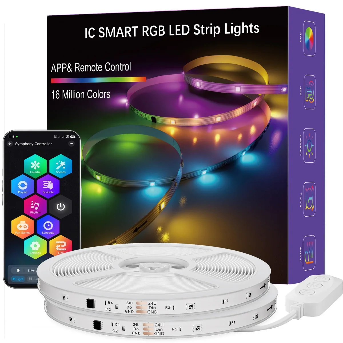 White 100 ft LED strip kit on a reel with controller and clear prismatic cover