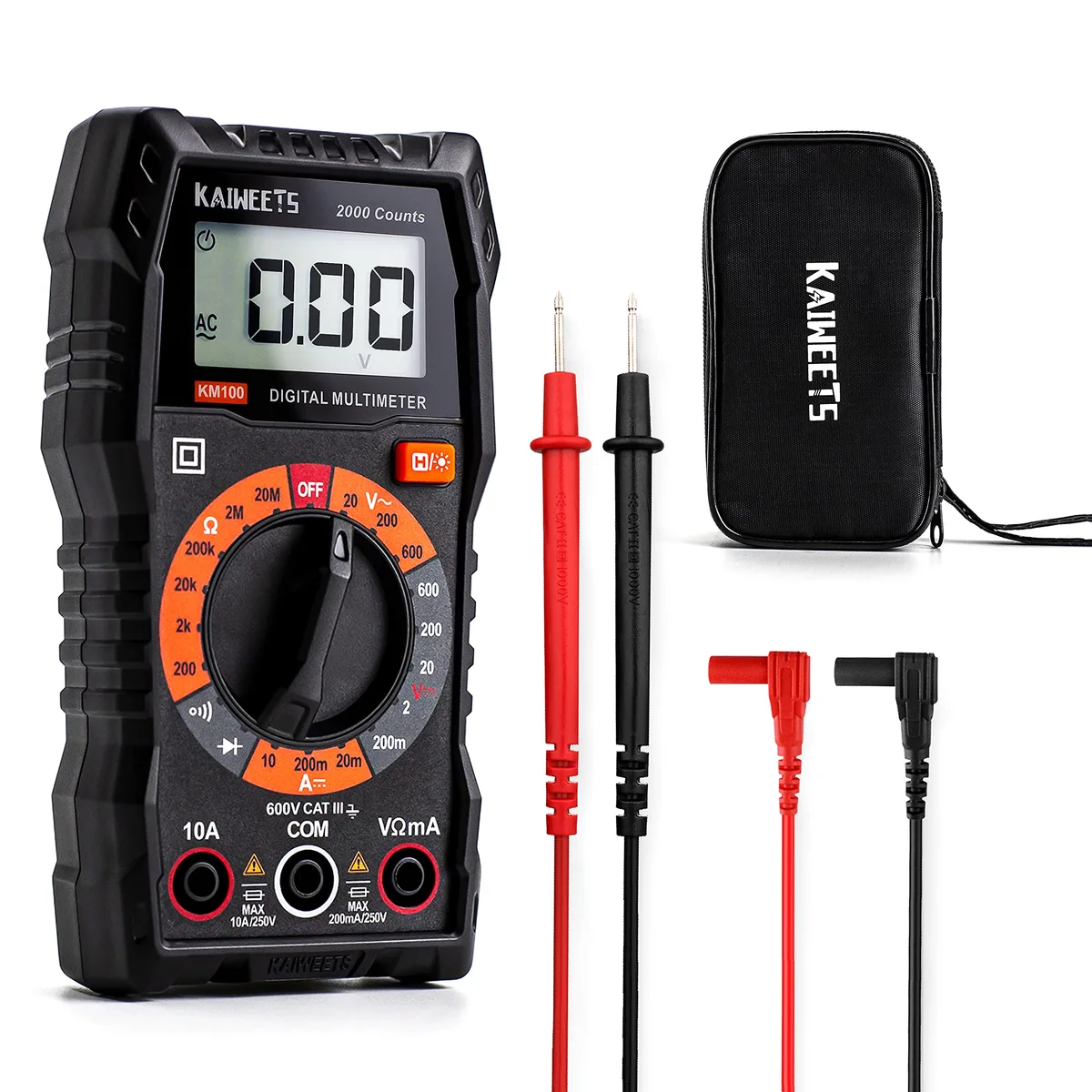 Orange handheld digital multimeter with rotary dial and LCD screen in protective case