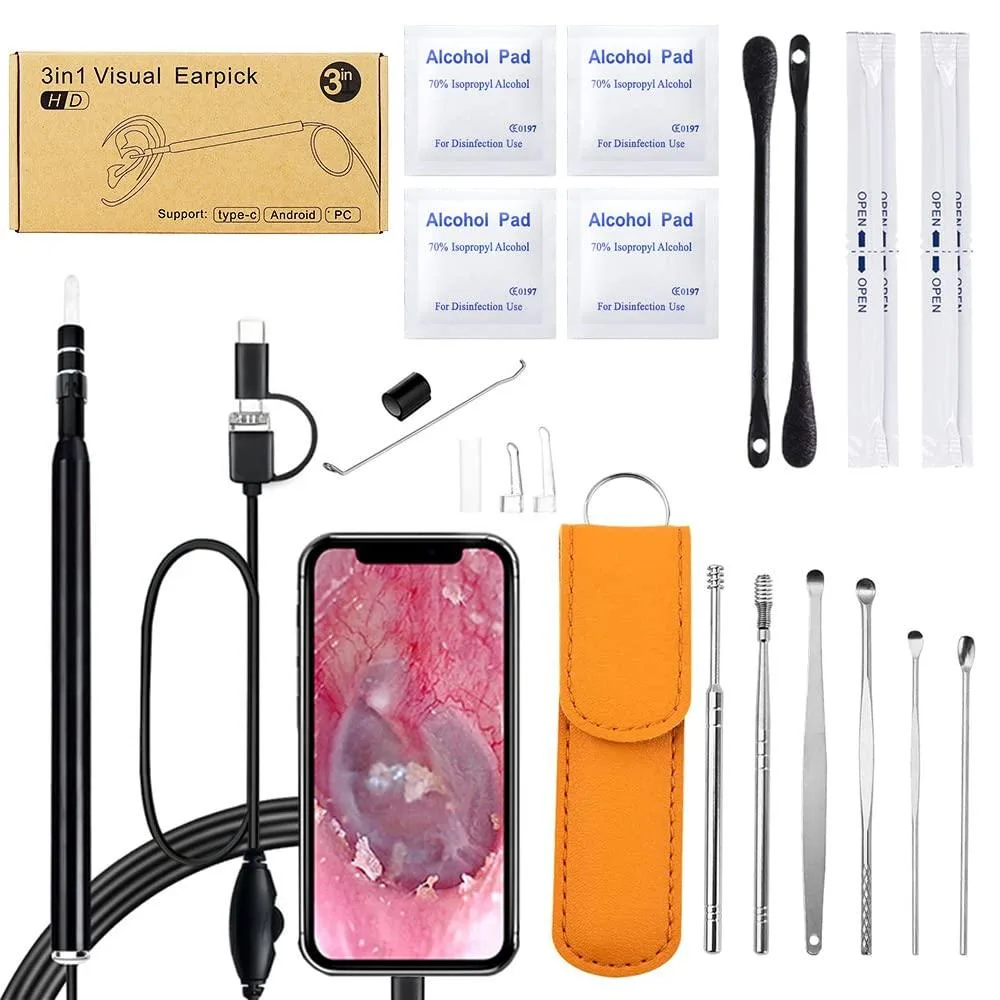 Slim 5.5 mm ear camera with six LEDs, Type-C and Micro-USB plugs, in PU leather case