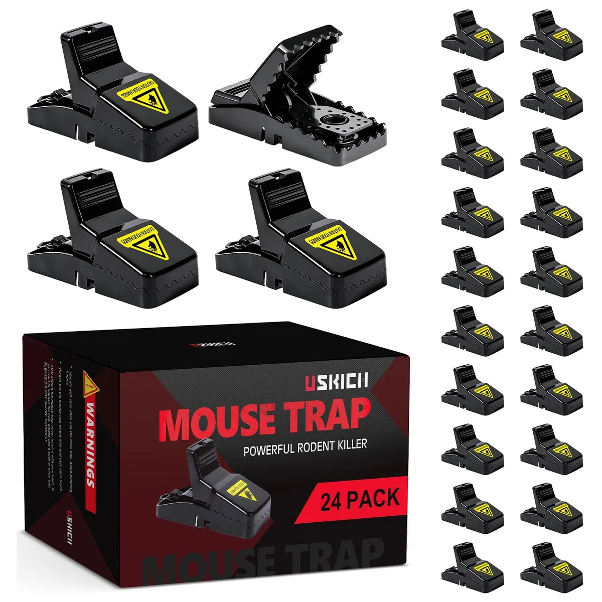 Twenty-four white plastic snap traps with yellow bait cups and rear set levers
