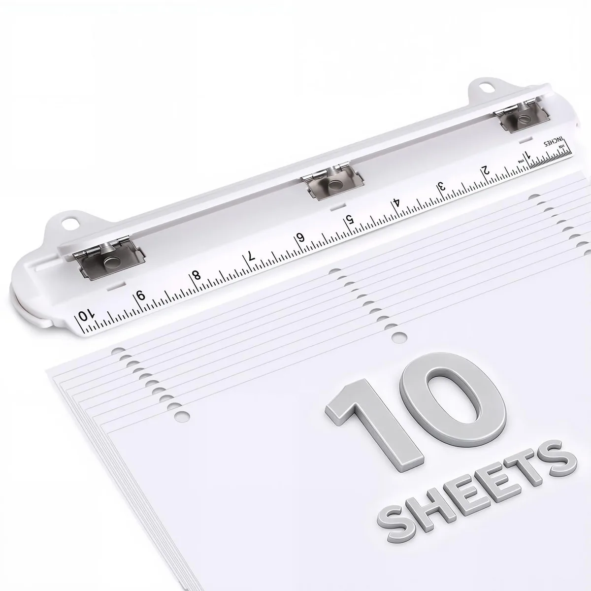 Compact grey three-hole punch with built-in ruler
