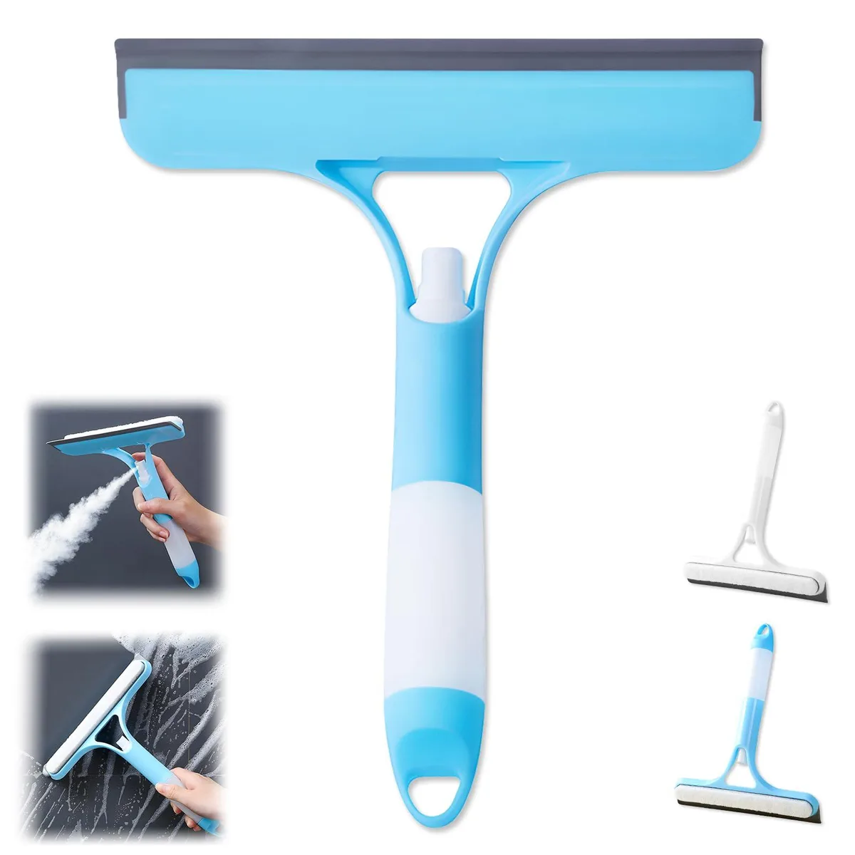 Blue plastic 3-in-1 spray squeegee with silicone blade and built-in reservoir