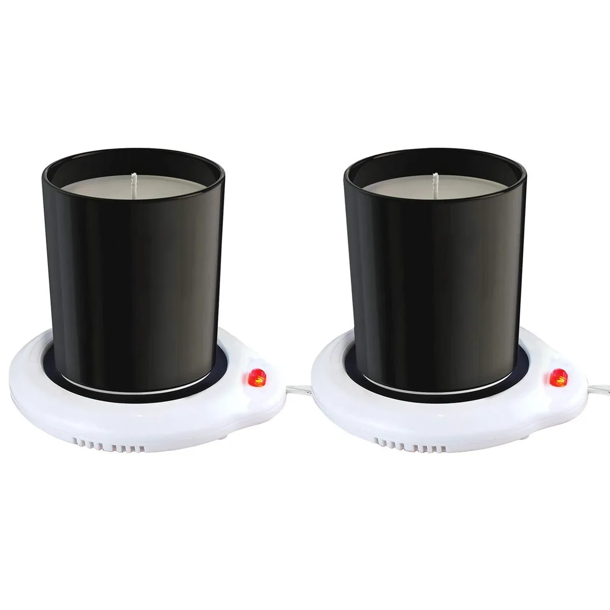 Two white circular warming plates with on-off switches and power cords