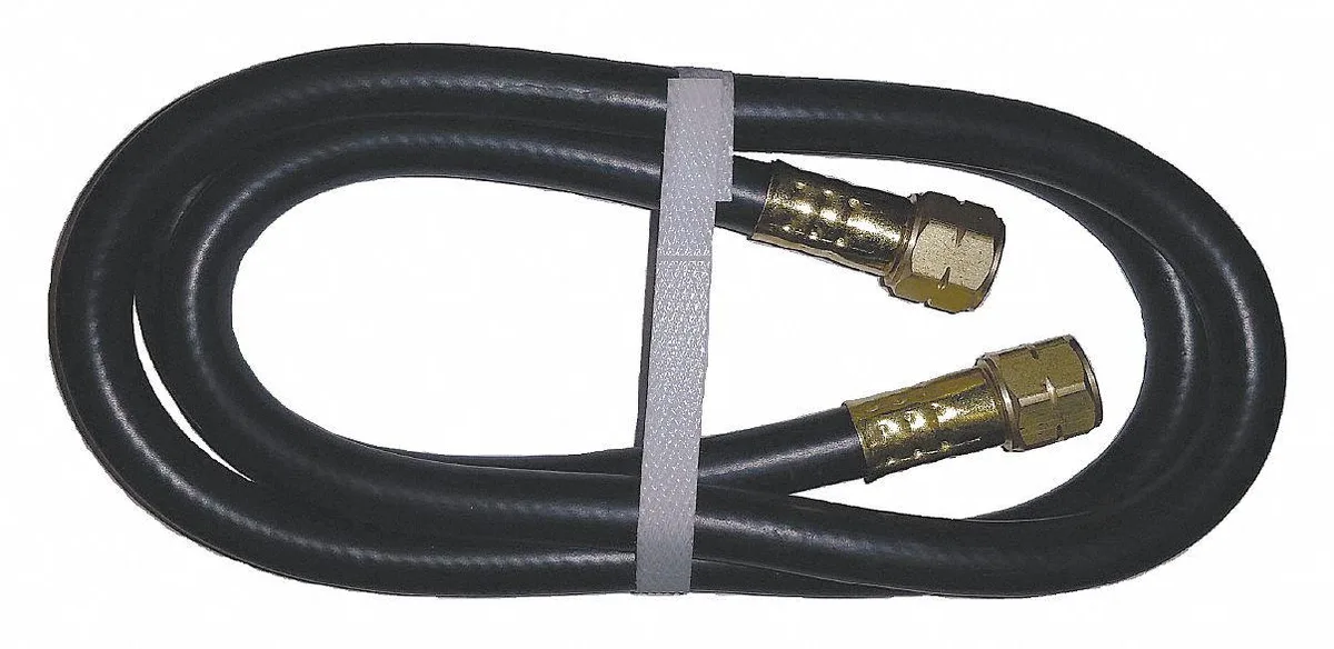 Black rubber propane hose four feet long with brass fittings on both ends