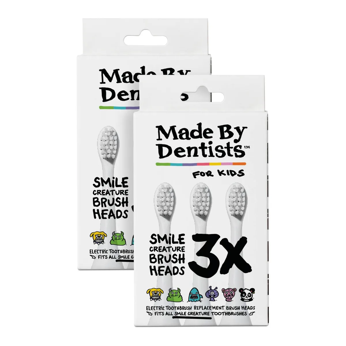 Six small white brush heads with soft bristles in a compact pack