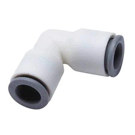 White bio-based nylon push-fit elbow fitting, 3/8 inch tube size, smooth curved form