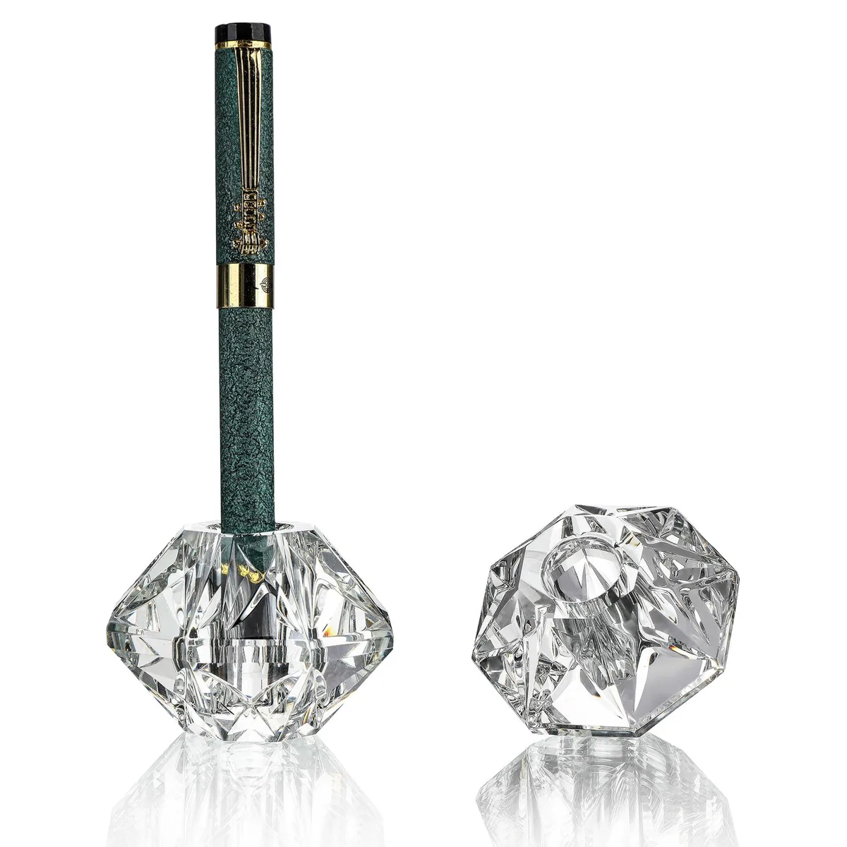 Two blue crystal diamond-shaped pen holders with .6in holes