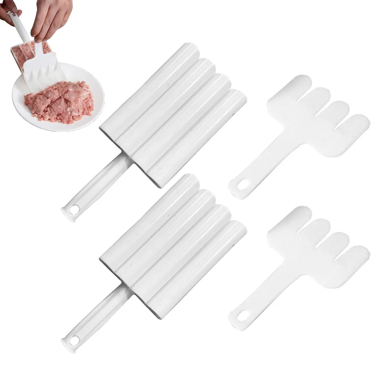 Two white plastic meatball makers with matching cutting spades, each with long handles and hanging holes