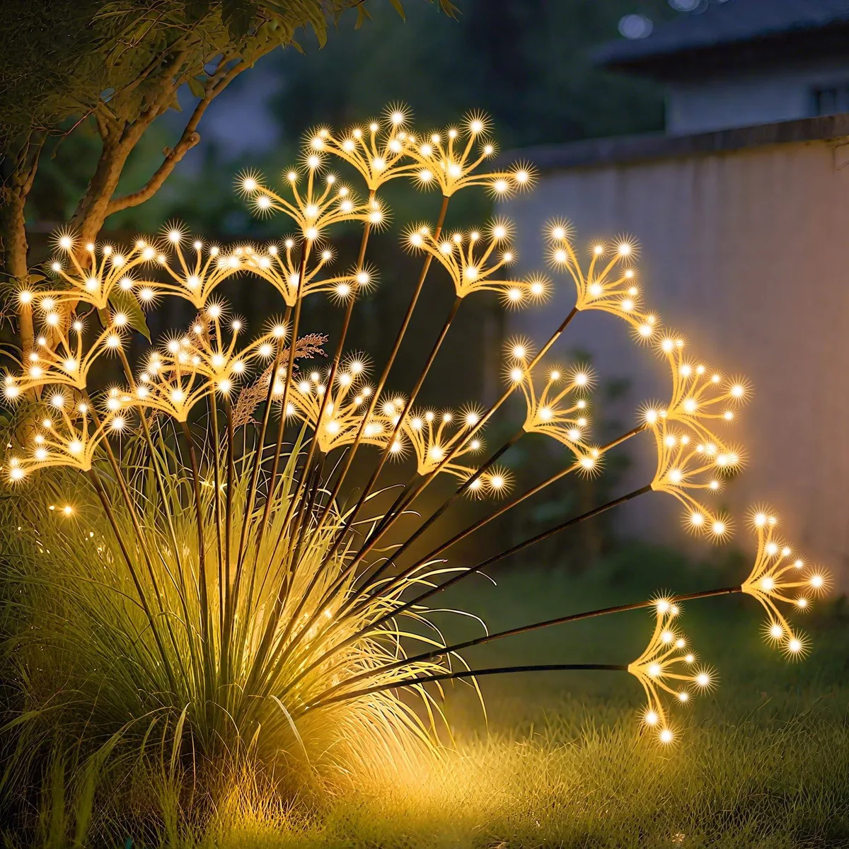 Two solar stake lights with flexible starburst heads on swaying wires, warm white LEDs
