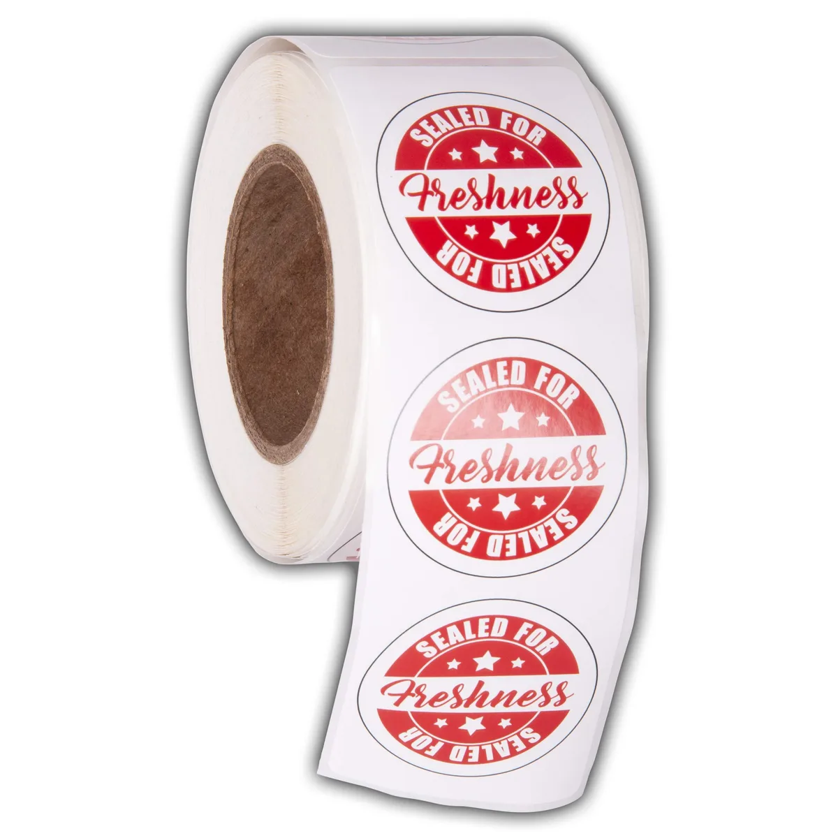 Roll of 500 tamper-evident "Sealed For Freshness" stickers, 1.875" x 6" strips, multi-color adhesive paper
