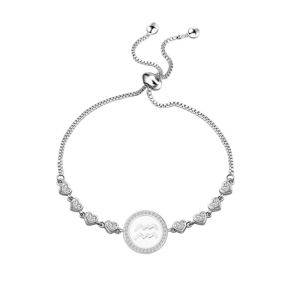 Silver metal bracelet with Aquarius pendant 1.5cm adjustable chain velvet pouch
