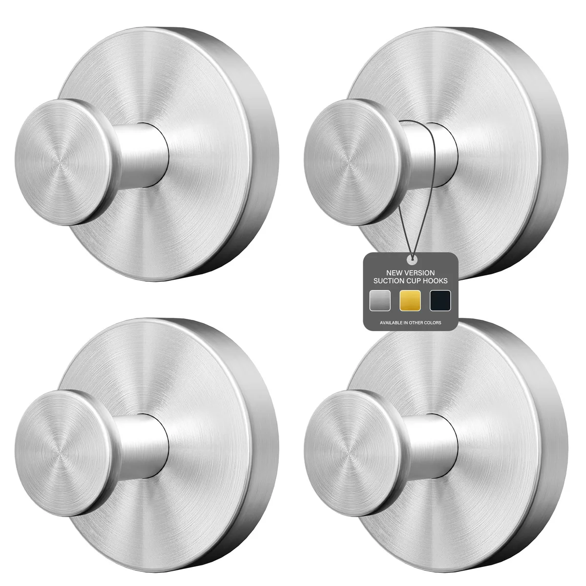 Four matte silver suction cup hooks with twist-lock knobs