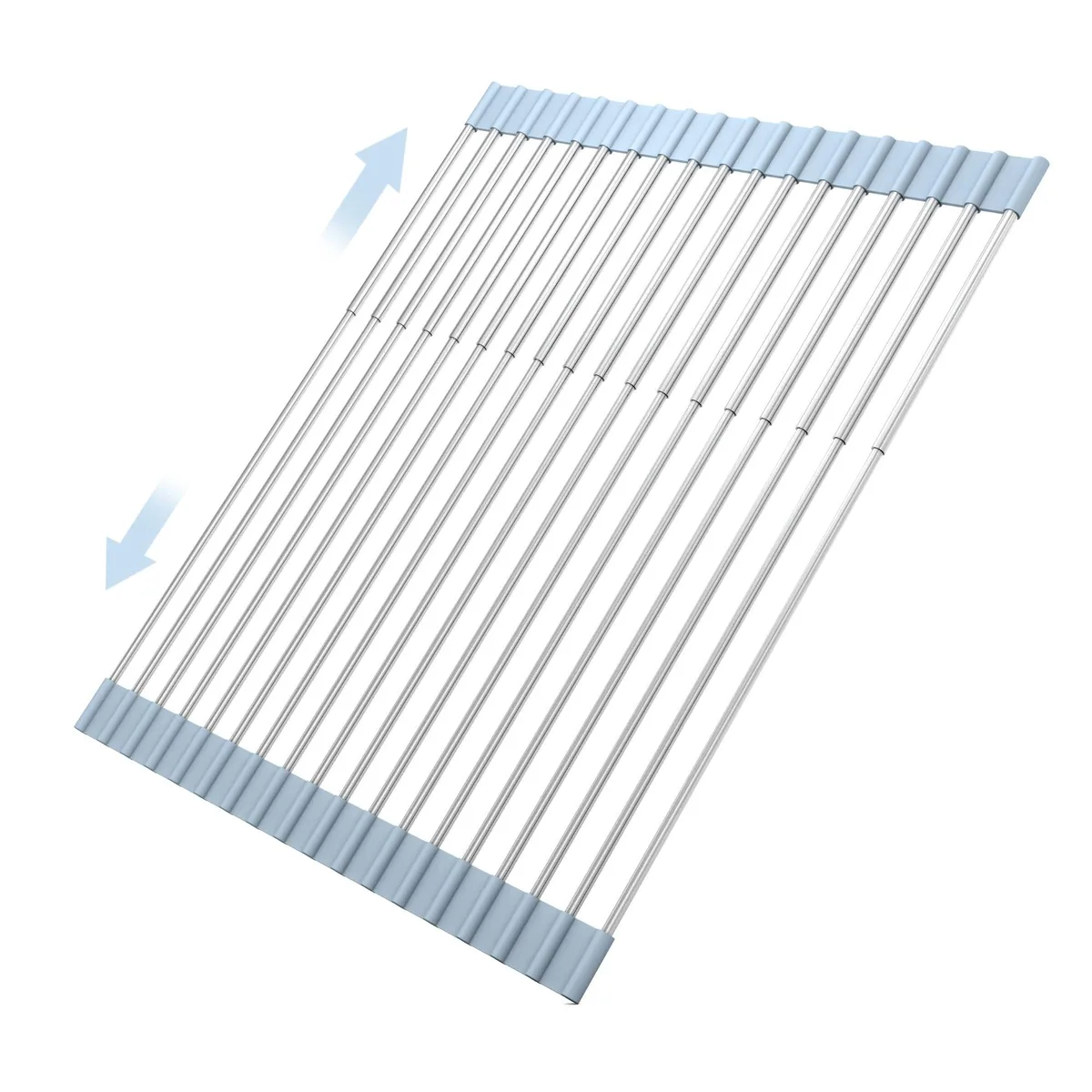 Red roll-up dish drying rack with 18 stainless steel tubes, silicone-wrapped ends, adjustable from 13.19 to 20.27 inches