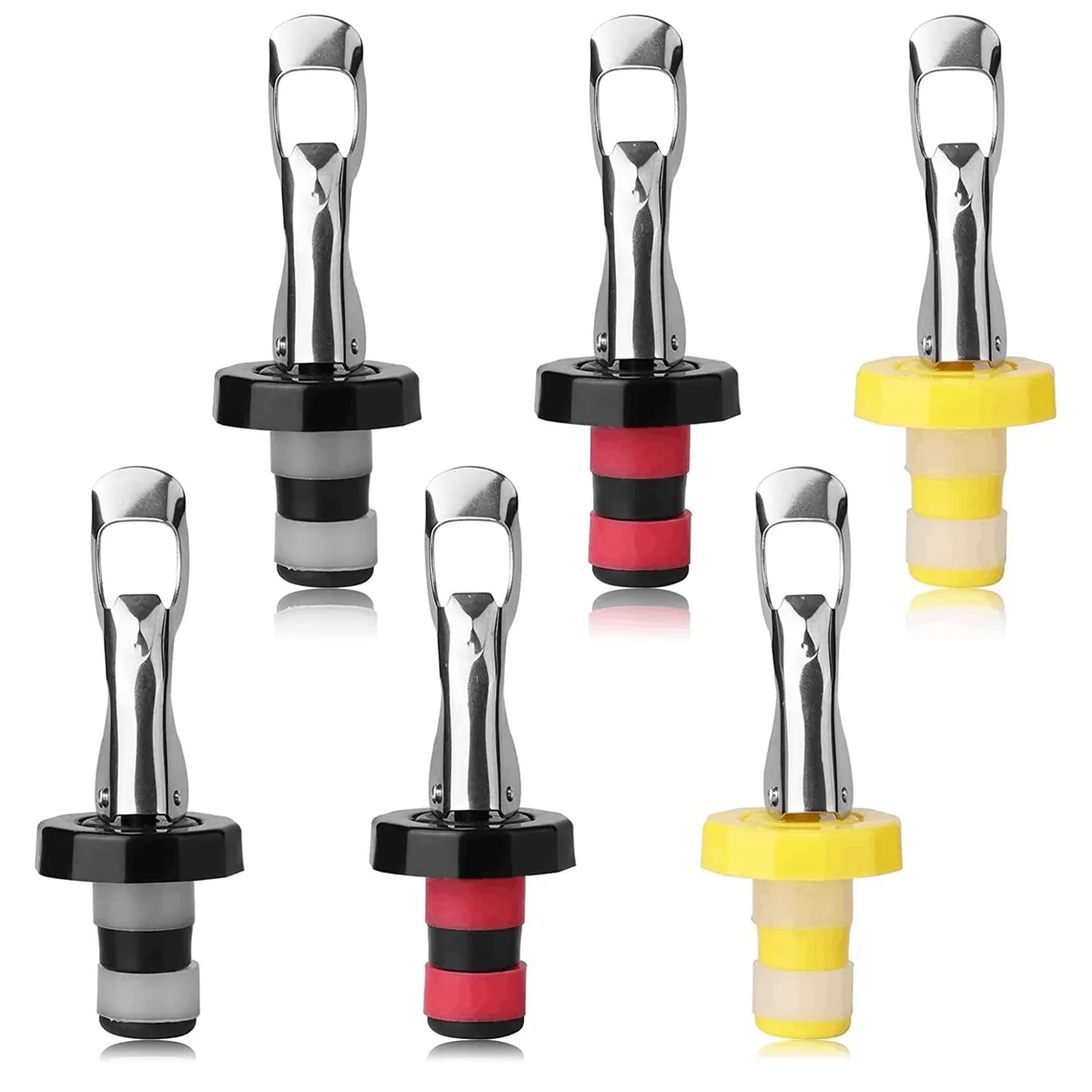 Six multicoloured silicone vacuum wine stoppers with plastic handles, new condition