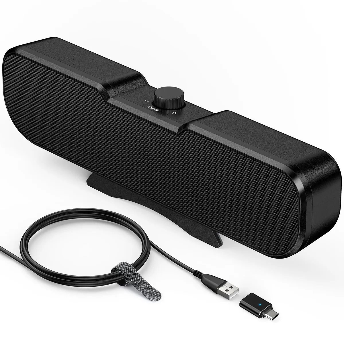 Compact black clip-on speaker bar with volume knob and clamp mount