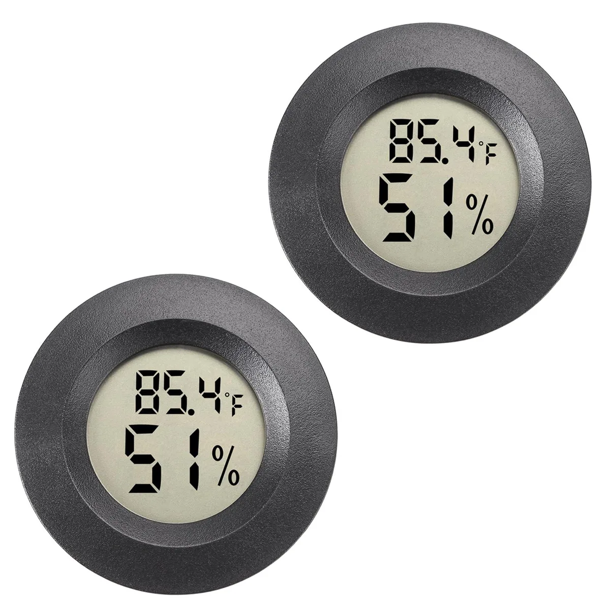Two small black rectangular hygrometer thermometers with LCD screens side by side