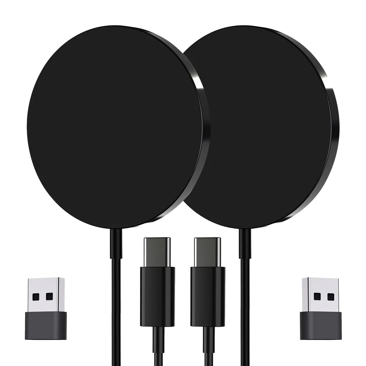 Two slim black magnetic wireless charging pads with USB-C and USB-A ports