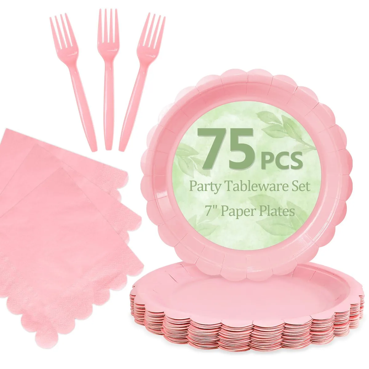 Pink floral disposable plates, napkins, and forks arranged in a set for 25 guests