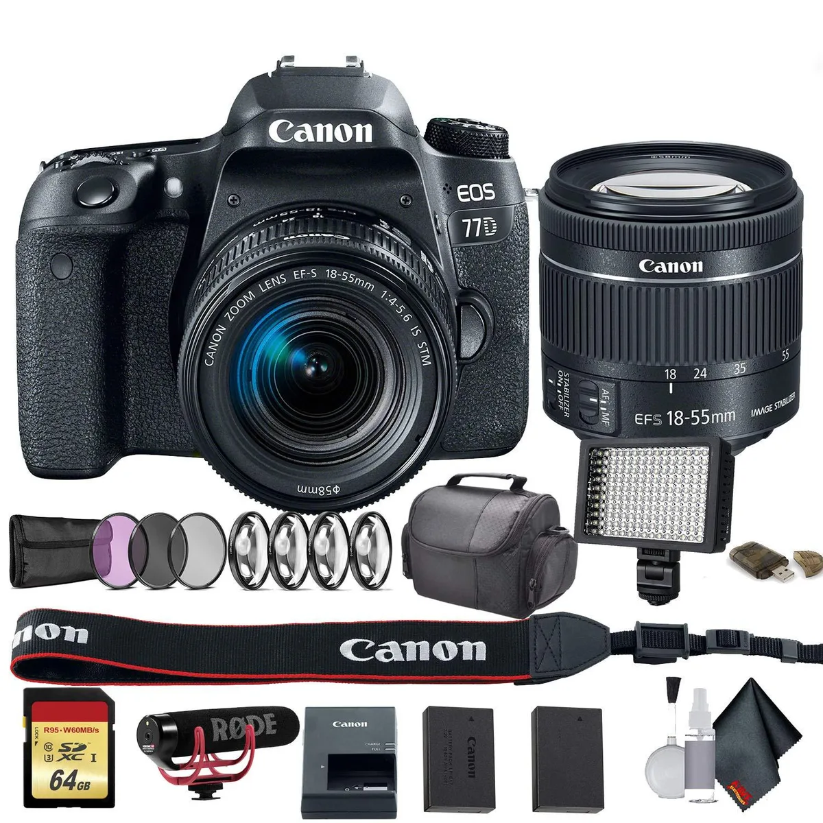Canon Canon EOS 77D DSLR Camera 18-55mm Kit + Rode Mic LED Light 64GB Bag — product photo