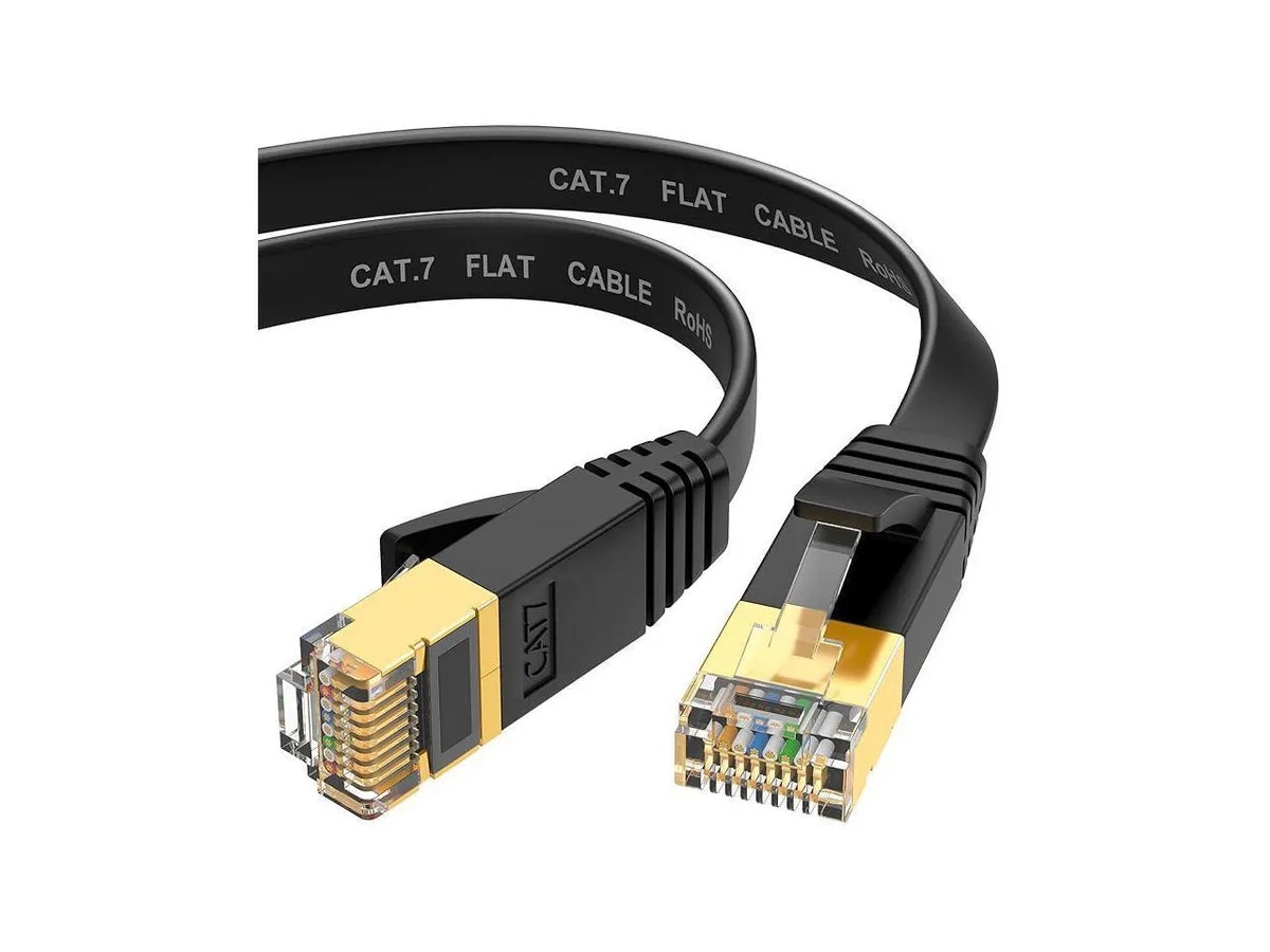 Black flat Ethernet cable with gold RJ45 plugs, 33 ft
