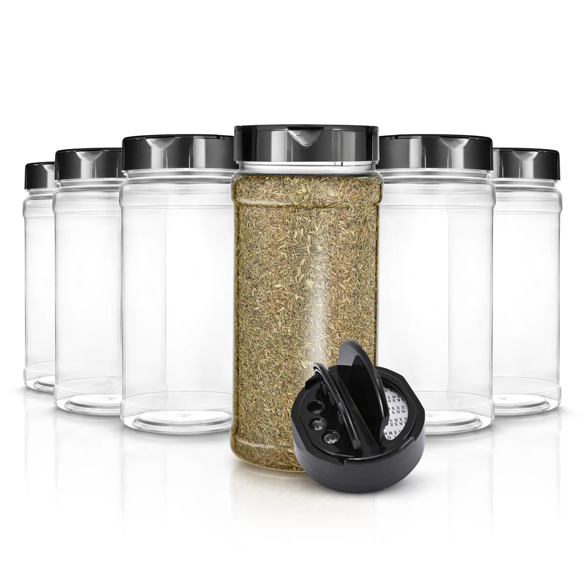 Six clear 16 oz plastic jars with red shaker lids