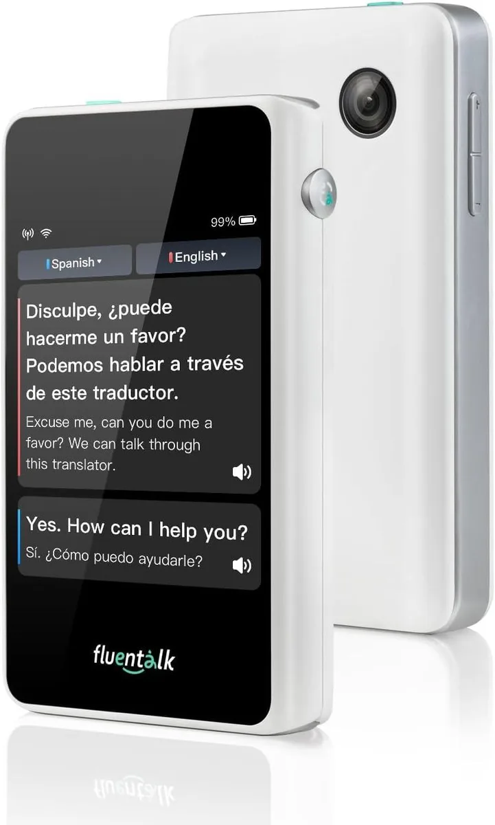 Small white rectangular translator device with rounded edges and a rear camera