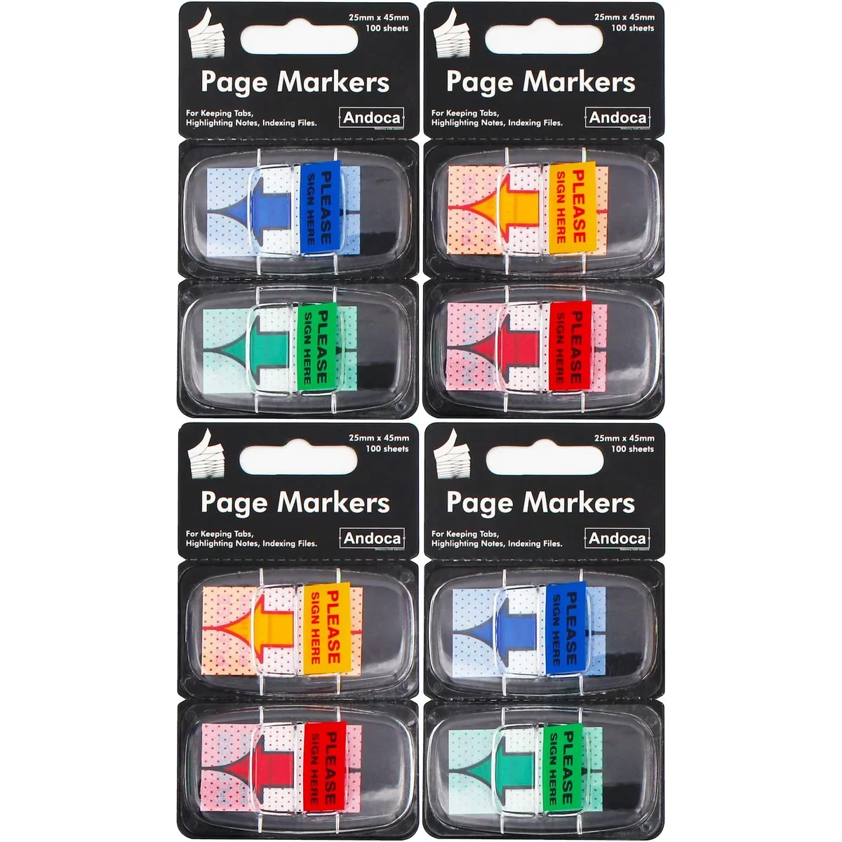 Eight plastic dispensers holding yellow red blue green arrow flags with Sign Here text