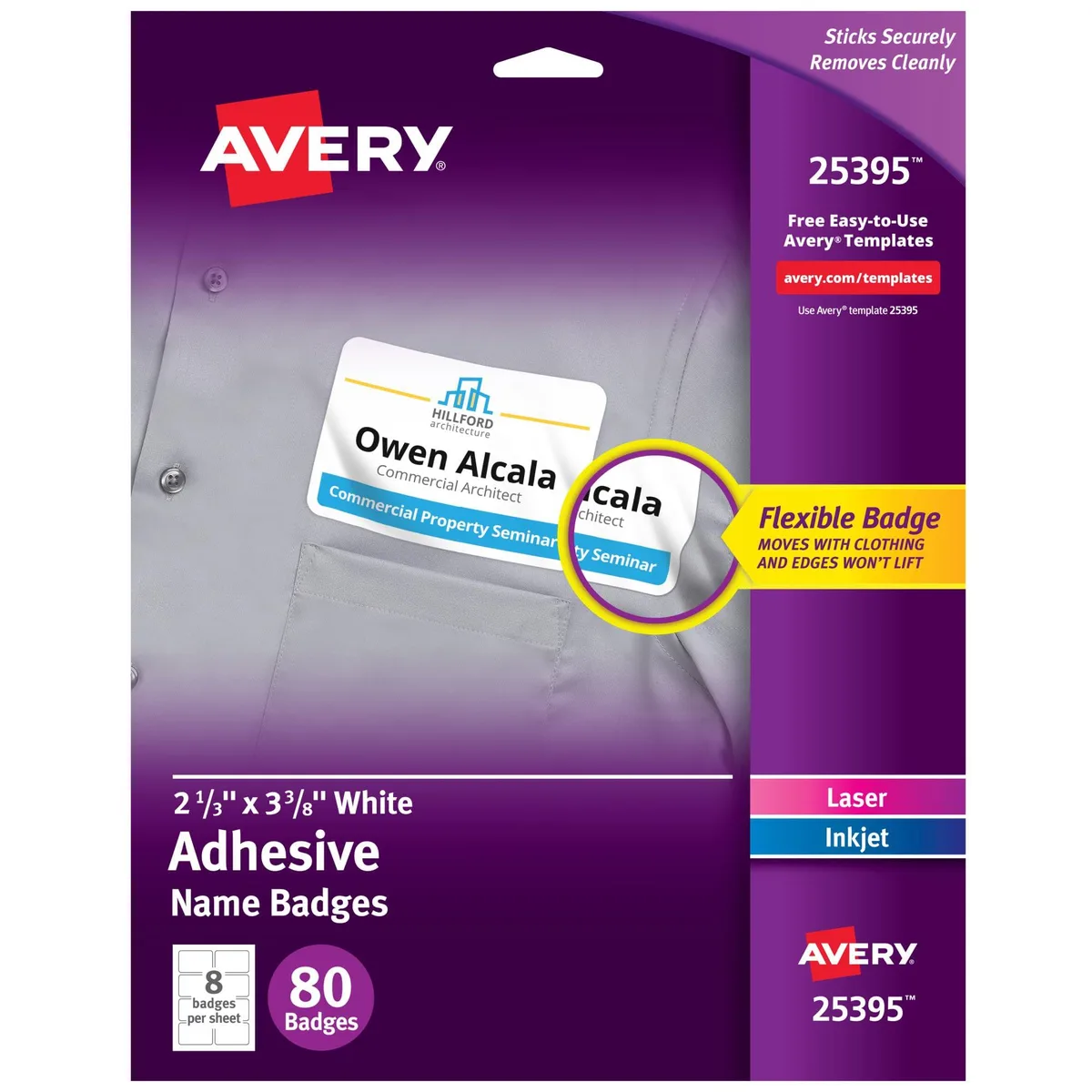White matte plastic name tag stickers on backing sheet, 80 badges total