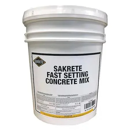 Gray pail of Sakrete fast-setting concrete mix