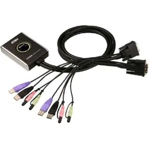 Compact black KVM switch box with cables and remote selector