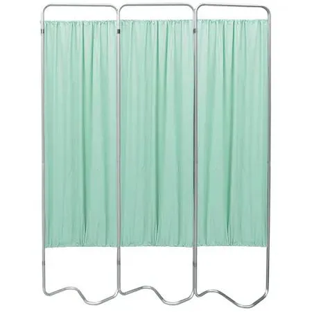 Three-section anodised aluminium privacy screen with green vinyl panels, S-shaped base, 68H x 55W