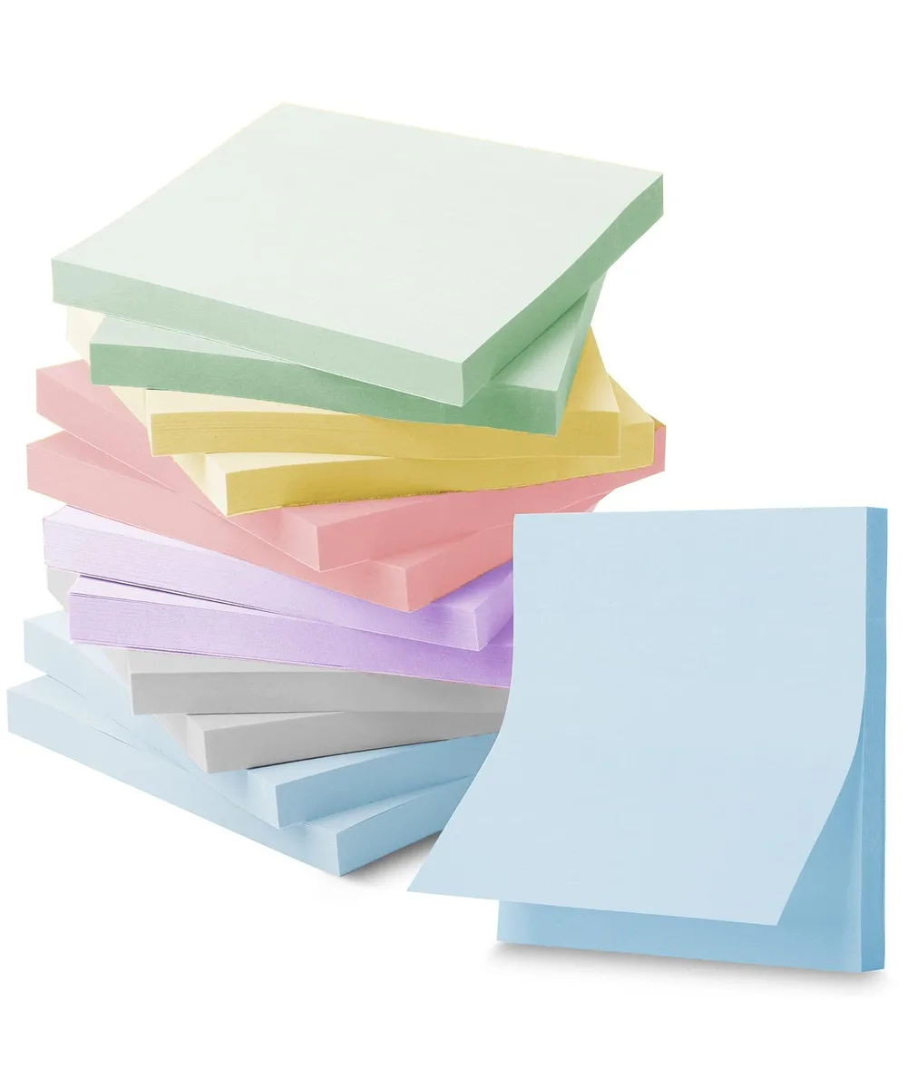 Twelve square pads of Morandi pastel sticky notes in a rectangular pack