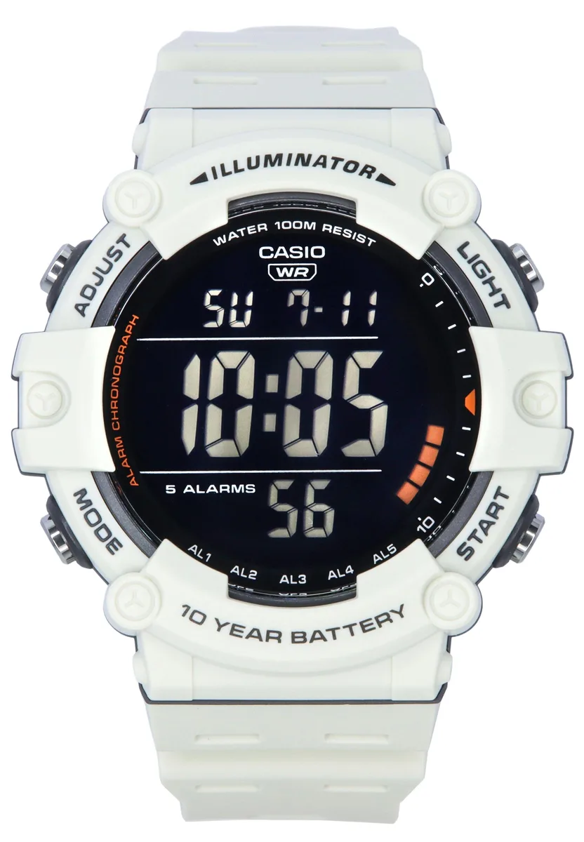 White resin digital watch, round black dial, buckle clasp, 100m water resistance