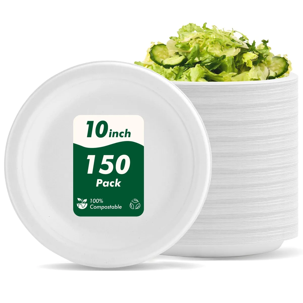 Stack of 150 round white compostable sugarcane fiber plates, 10 inch diameter