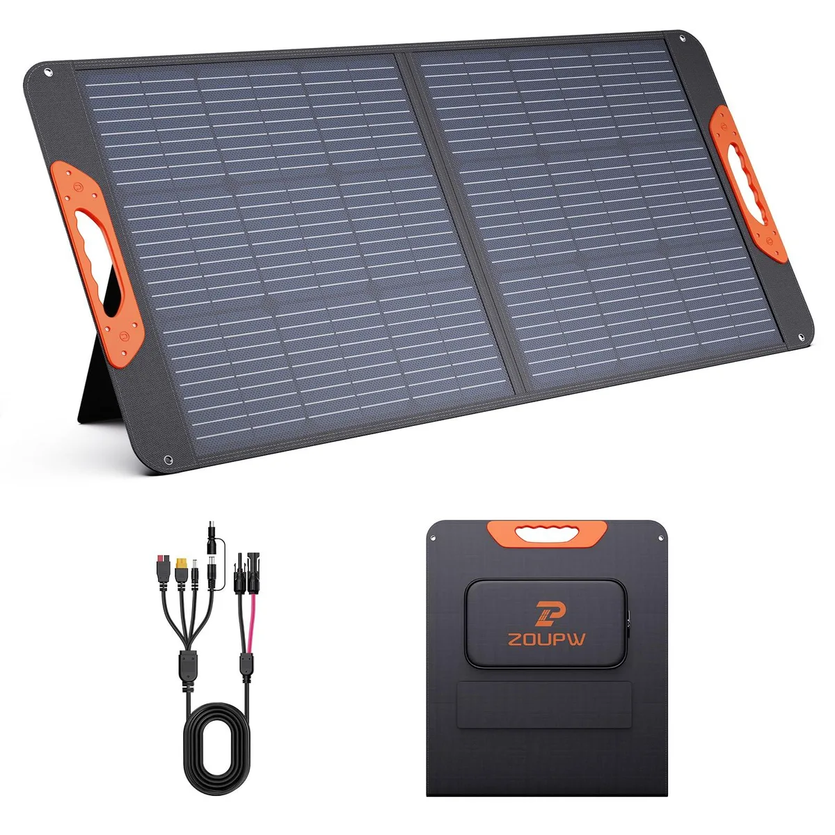 Orange foldable 100W solar panel with ETFE coating and kickstands, IP67 waterproof, 23.5% efficient