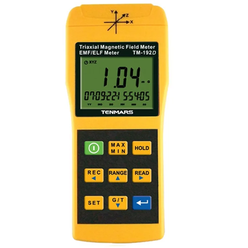 Red handheld EMF meter with triple LCD display