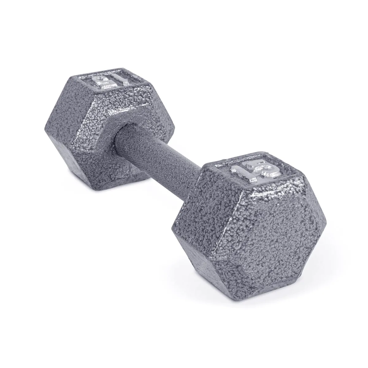 Single gray cast iron hex dumbbell with knurled steel handle