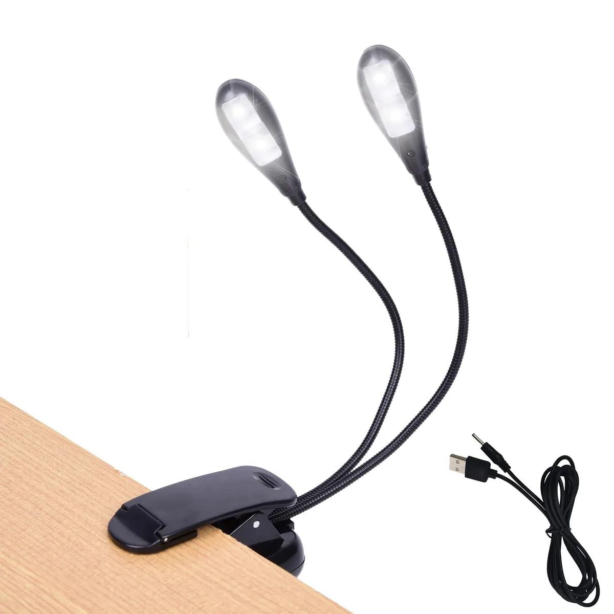 Compact clip-on book light with two flexible gooseneck arms and a matte finish