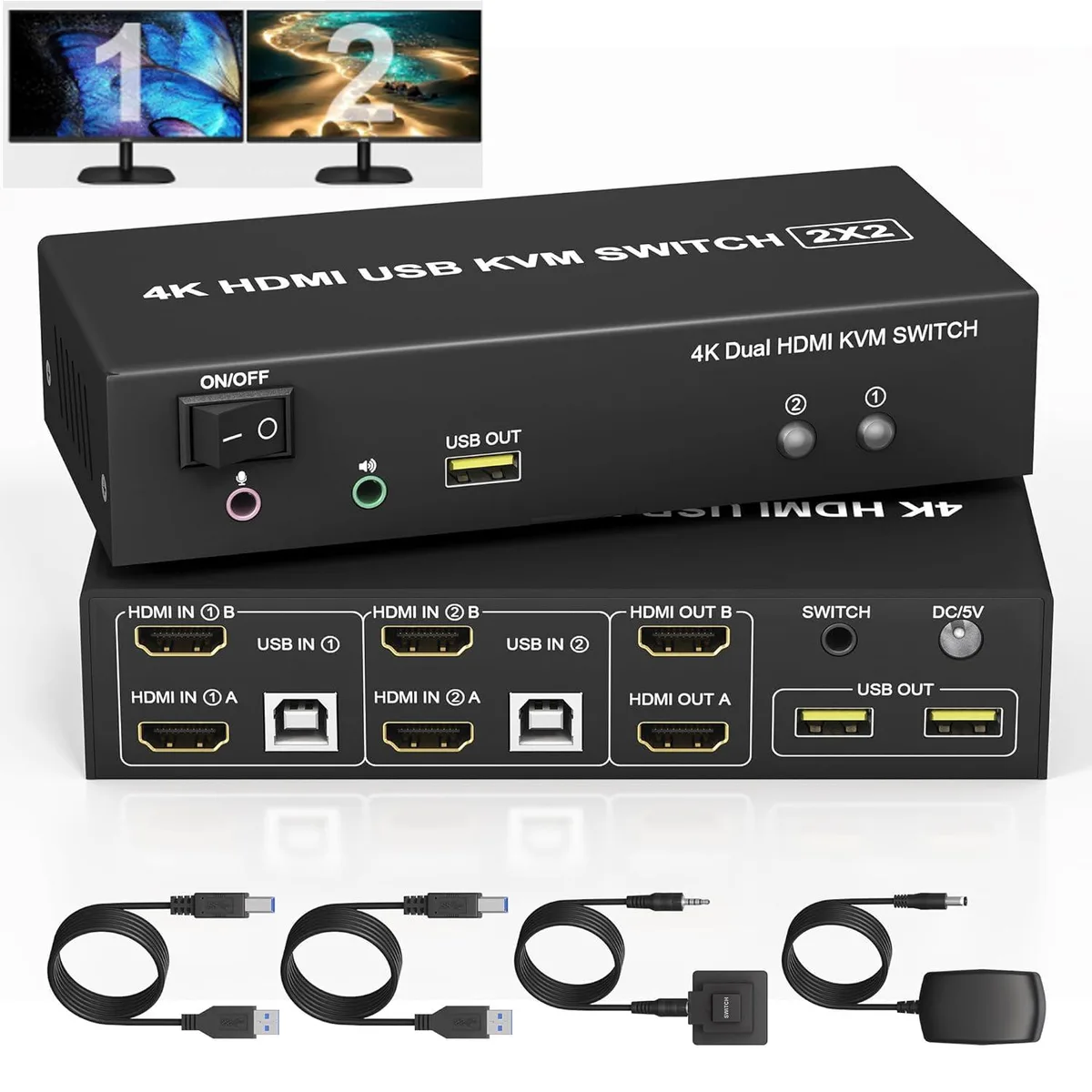 IHDAPP IHDAPP Dual Monitor KVM Switch 2-Port 4K@60Hz HDMI USB 3 USB 2.0 Audio Mic Remote — product photo