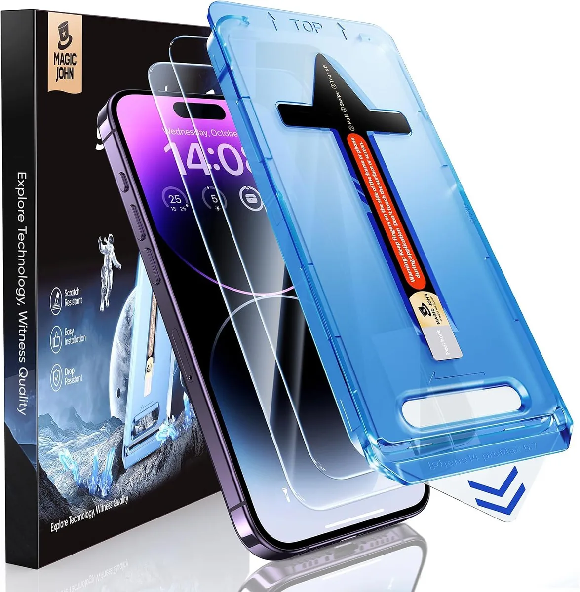 Two clear tempered glass screen protectors with dust-removal installation kit for iPhone 14 Pro Max 6.7 inch