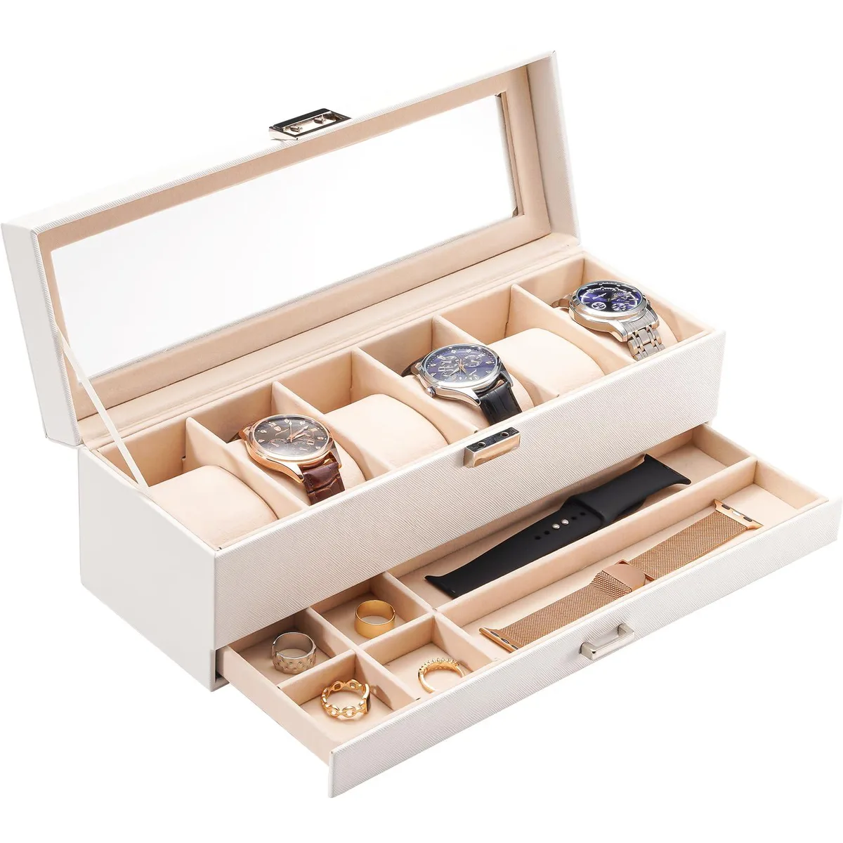 White rectangular watch box with glass lid and bottom drawer, six cushioned slots inside